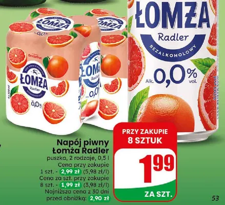 Napój piwny Łomża Radler promocja w Dino