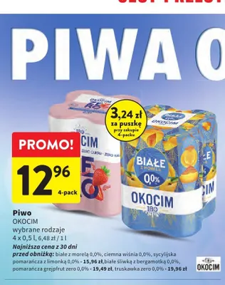 Piwo Okocim 0,0% ciemna wiśnia 4-pak 500 ml promocja w Intermarche
