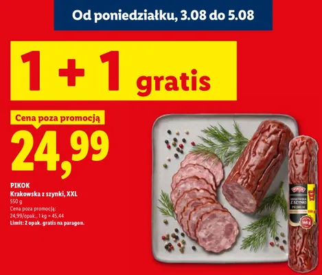 Kiełbasa krakowska z szynki Pikok XXL promocja w Lidl