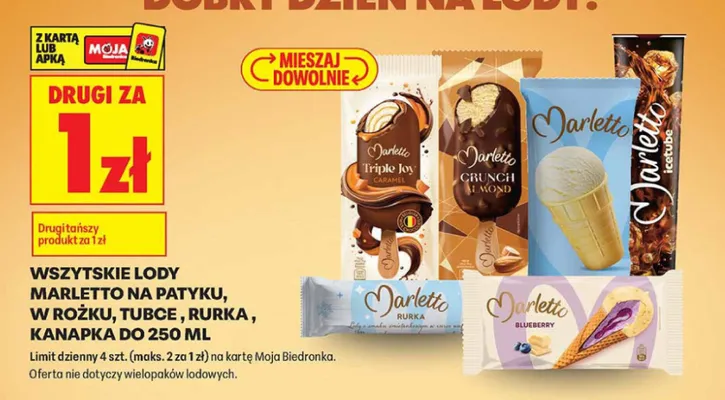 Lody w tubce Marletto icetube promocja w Biedronka