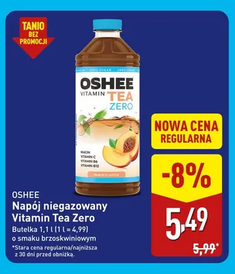 Napój niegazowany Vitamin Tea Zero o smaku brzoskwiniowym Oshee promocja w Aldi