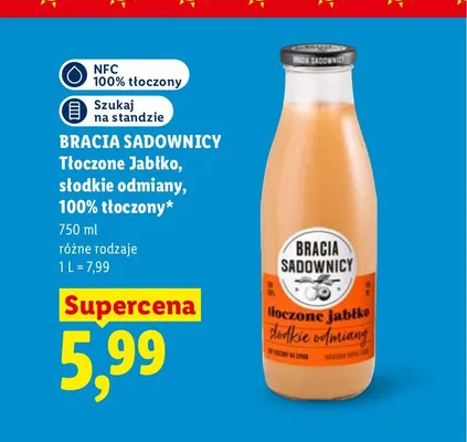Sok jabłkowy Bracia Sadownicy tłoczone jabłko słodkie odmiany promocja w Lidl
