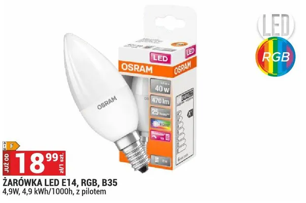 Żarówka LED E14, RGB, B35 4,9W promocja w Merkury Market