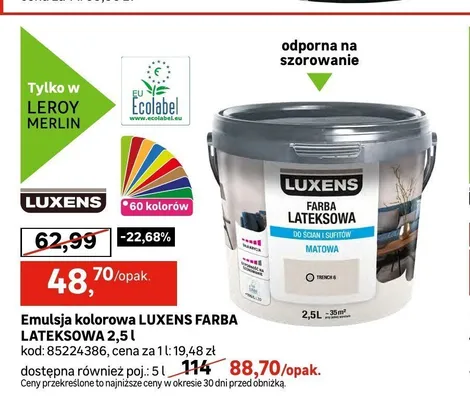 Emulsja kolorowa Luxens Farba Lateksowa promocja w Leroy Merlin
