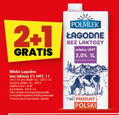 Mleko UHT Łagodne bez laktozy Polmlek 2% promocja w Twój Market