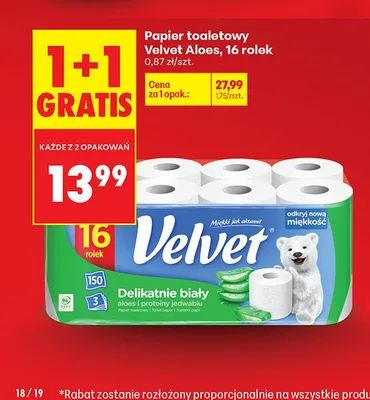 Papier toaletowy Velvet Delikatnie biały Aloes 16-pak promocja w Biedronka