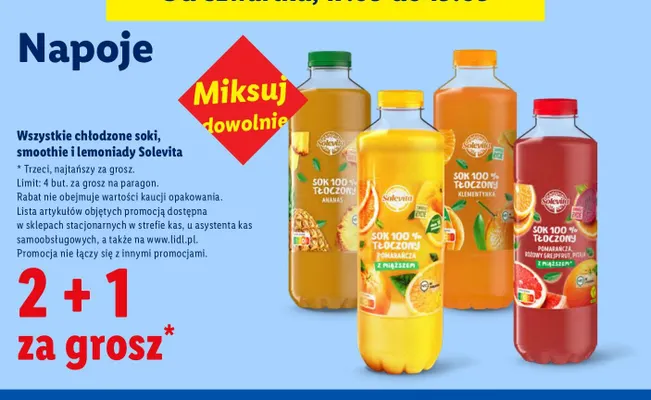 Sok tłoczony pomarańcza z miąższem Solevita 100% promocja w Lidl
