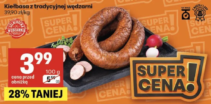 Kiełbasa z tradycyjnej wędzarni promocja w Delikatesy Centrum