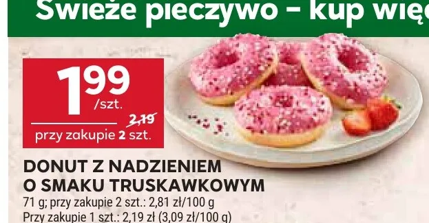 Donut z nadzieniem o smaku truskawkowym promocja w Stokrotka