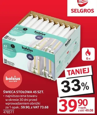 Świeca stołowa Bolsius 45 szt. promocja w Selgros