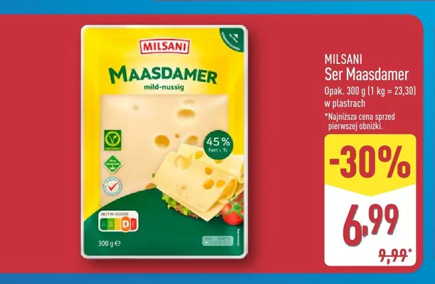 Ser Maasdamer w plastrach Milsani promocja w Aldi