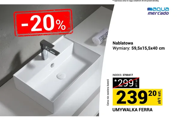 Umywalka nablatowa Aqua Mercado Ferra 59,5x15,5x40 cm promocja w Merkury Market