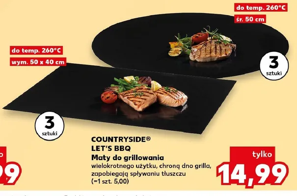 Maty do grillowania COUNTRYSIDE LET'S BBQ 3-pak do temp. 260°C wym. 50x40cm wielokrotnego użytku chronią dno grilla zapobiegają spływaniu tłuszczu promocja w Kaufland