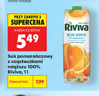 Sok pomarańczowy z cząsteczkami miąższu Riviva 100% promocja w Biedronka