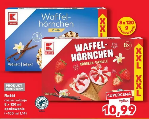 Rożki lodowe truskawkowo-waniliowe K Classic Waffel-Hörnchen XXL promocja w Kaufland
