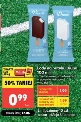 Lody na patyku Diuna śmietankowe w polewie kakaowej promocja w Biedronka