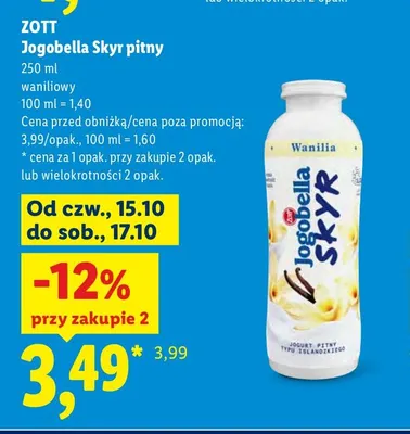 Jogurt pitny Jogobella Skyr waniliowy Zott promocja w Lidl