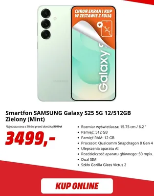 Smartfon SAMSUNG Galaxy S25 5 g 12/512GB Zielony (Mint) promocja w Media Markt