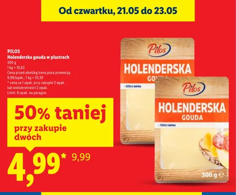 Holenderska gouda w plastrach Pilos promocja w Lidl