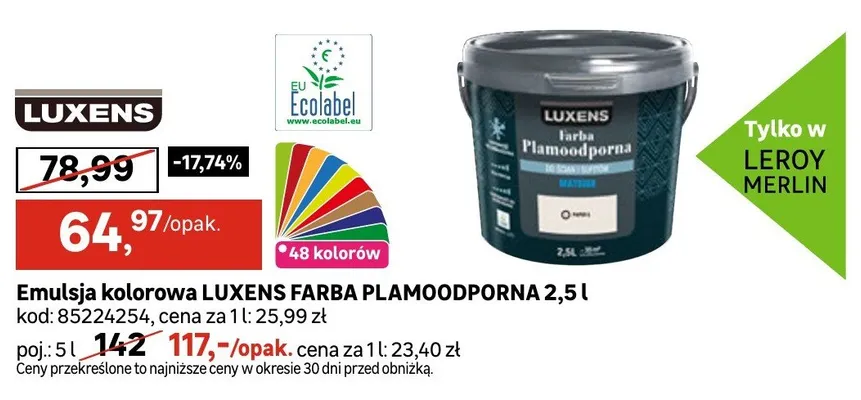 Emulsja kolorowa LUXENS FARBA PLAMOODPORNA 5l promocja w Leroy Merlin