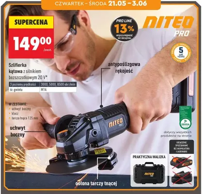 Szlifierka kątowa z silnikiem bezszczotkowym NITEO PRO 20V promocja w Biedronka