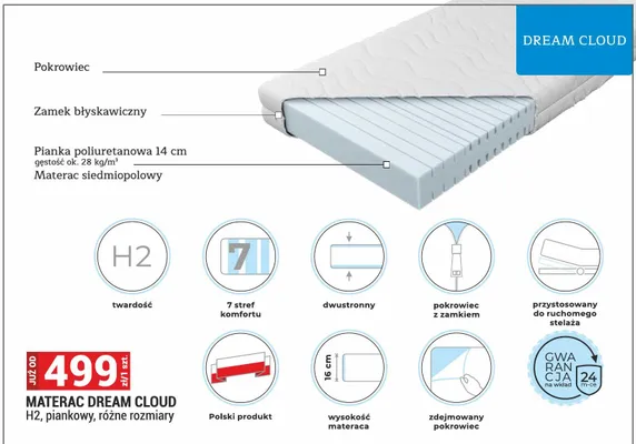 Materac Dream Cloud H2 piankowy siedmiopolowy promocja w Merkury Market