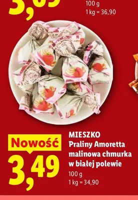 Praliny Amoretta malinowa chmurka w białej polewie Mieszko promocja w Lidl