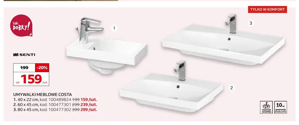 Umywalki meblowe Costa Senti 80x45 cm promocja w Komfort