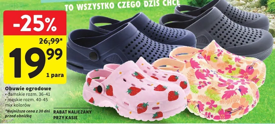 Obuwie ogrodowe damskie rozm. 36-41, męskie rozm. 40-45, mix kolorów promocja w Intermarche