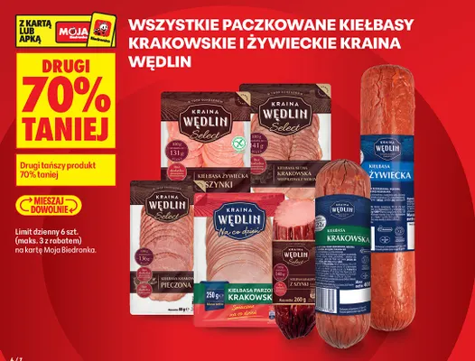 Paczkowane kiełbasy krakowskie i żywieckie Kraina Wędlin promocja w Biedronka