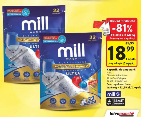 Kapsułki do zmywarki Mill Wash Clean & Shine Ultra All in One Cytryna promocja w Intermarche