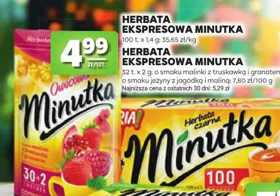 Herbata ekspresowa Minutka o smaku malinki z truskawką i granatem promocja w Stokrotka