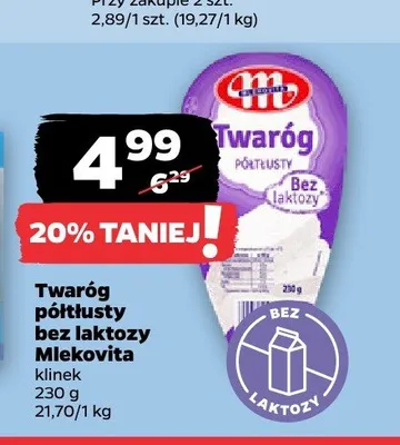 Twaróg półtłusty bez laktozy Mlekovita klinek promocja w Netto
