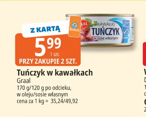 Tuńczyk w kawałkach w sosie własnym Graal promocja w Leclerc