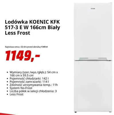 Lodówka KOENIC KFK 517-3 E W Biała Less Frost promocja w Media Markt