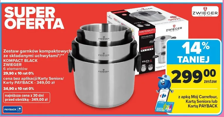 Zestaw garnków kompaktowych ze szklanymi uchwytami Kompact Black Zwieger 6 elementów 29,90 x 10 rat 0% 34,90 x 10 rat 0% promocja w Carrefour