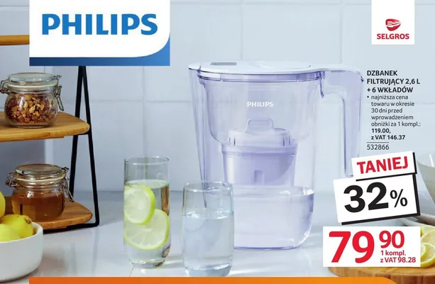 Dzbanek filtrujący PHILIPS 2,6l + 6 wkładów promocja w Selgros