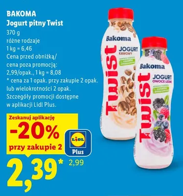Jogurt pitny Twist owoce leśne Bakoma promocja w Lidl