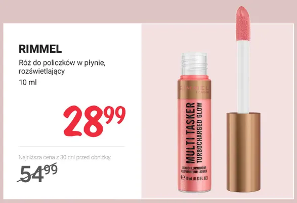 Róż do policzków w płynie rozświetlający Rimmel Multi Tasker Turbocharged Glow promocja w Rossmann