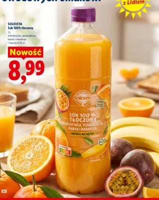 Sok 100% tłoczony Solevita mandarynka pomarańcza banan marakuja promocja w Lidl