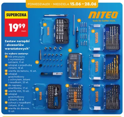 Wiertła do drewna NITEO 15-pak promocja w Biedronka