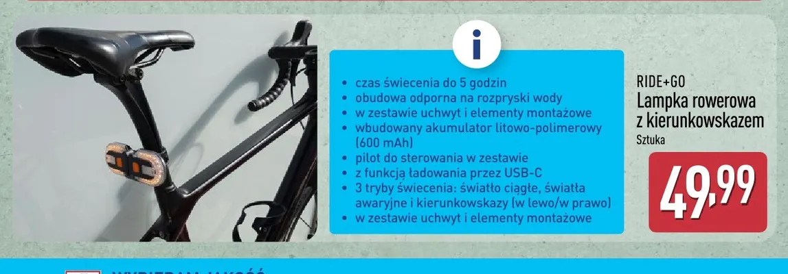Lampka rowerowa z kierunkowskazem Ride+Go promocja w Aldi