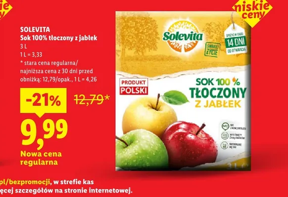 Sok tłoczony z jabłek Solevita 100% promocja w Lidl