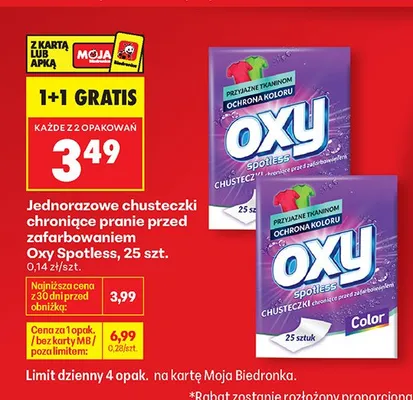 Chusteczki jednorazowe chroniące przed zafarbowaniem Oxy spotless promocja w Biedronka