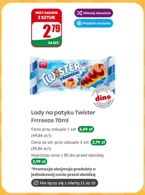 Lody na patyku Twister Frrreeze promocja w Dino