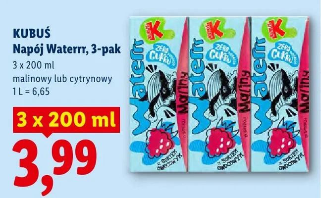 Napój Kubuś Waterrr malinowy 3-pak promocja w Lidl