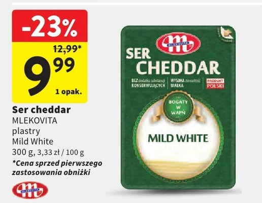 Ser cheddar w plastrach Mild White Mlekovita promocja w Intermarche