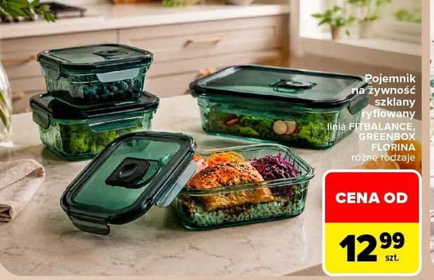 Pojemnik na żywność szklany ryflowany linia Fitbalance Greenbox Florina promocja w Carrefour