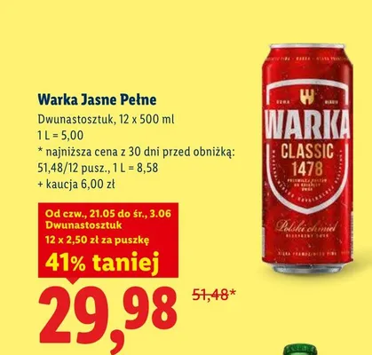 Piwo Warka Jasne Pełne 12-pak 500ml promocja w Lidl