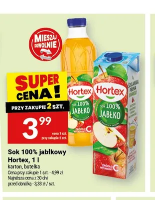 Sok 100% jabłkowy Hortex butelka promocja w Twój Market
